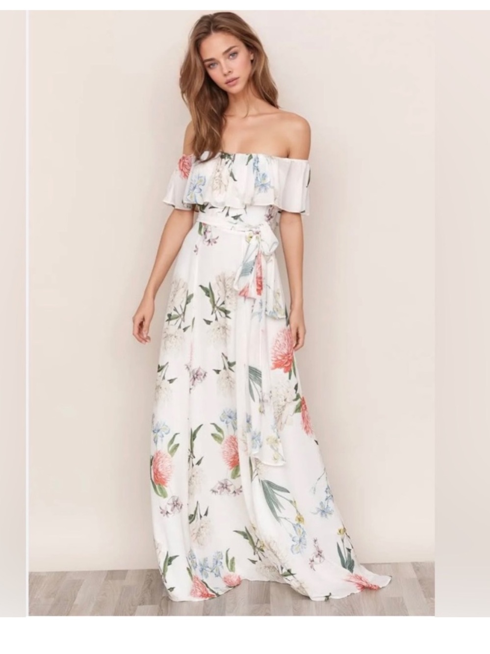 Yumi Kim Cream Off-Shoulder Floral Maxi Dress with Pink & Blue Blooms